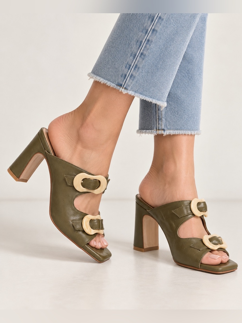 Ana Palma Olive Green Leather Ivory Buckle Block Heel Mules Made in Spain